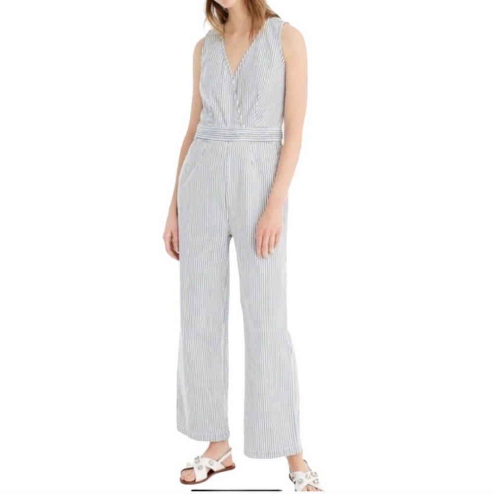 J. Crew White and Blue Wide Leg Jumpsuit Railroad Stripes Size 0